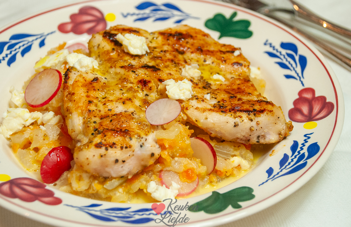 Koolrabistamppot met honing-mosterdkip Koolrabistamppot met honing-mosterdkip