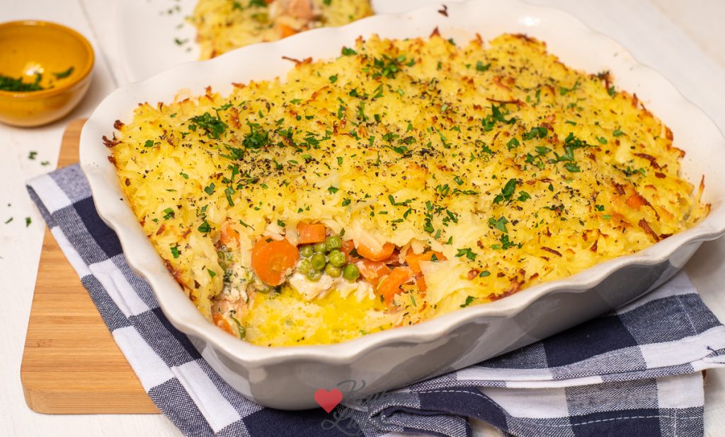 Rösti-ovenschotel met vis en wortel