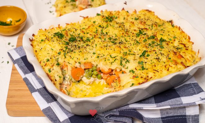 Rösti-ovenschotel met vis en wortel