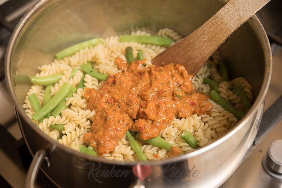 Pasta pesto met sperziebonen