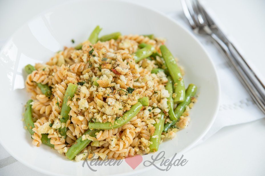 Pasta pesto met sperziebonen
