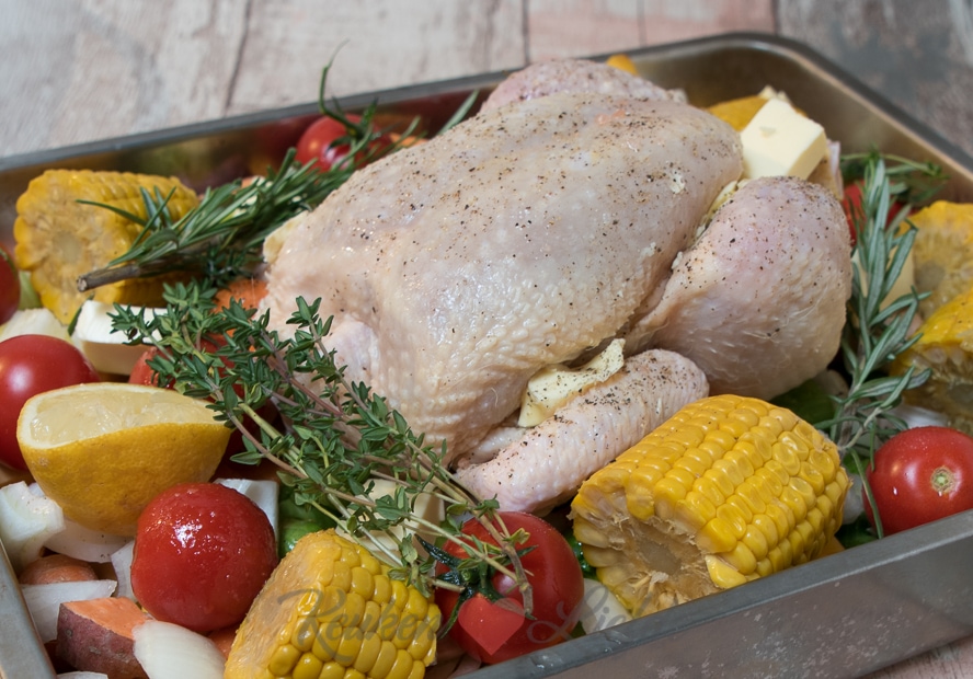 Hele kip uit de oven met wintergroenten