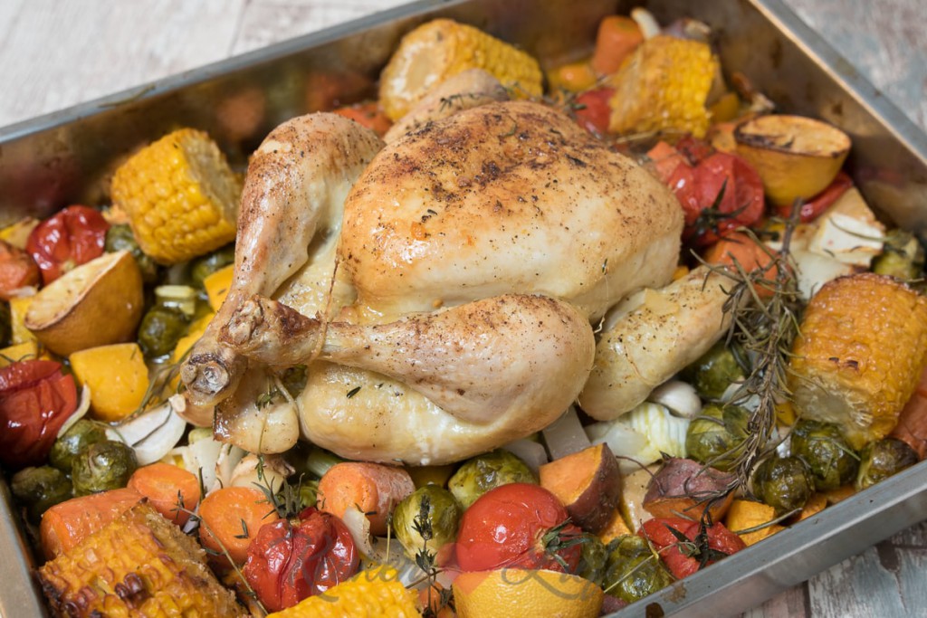 Hele kip uit de oven met wintergroenten