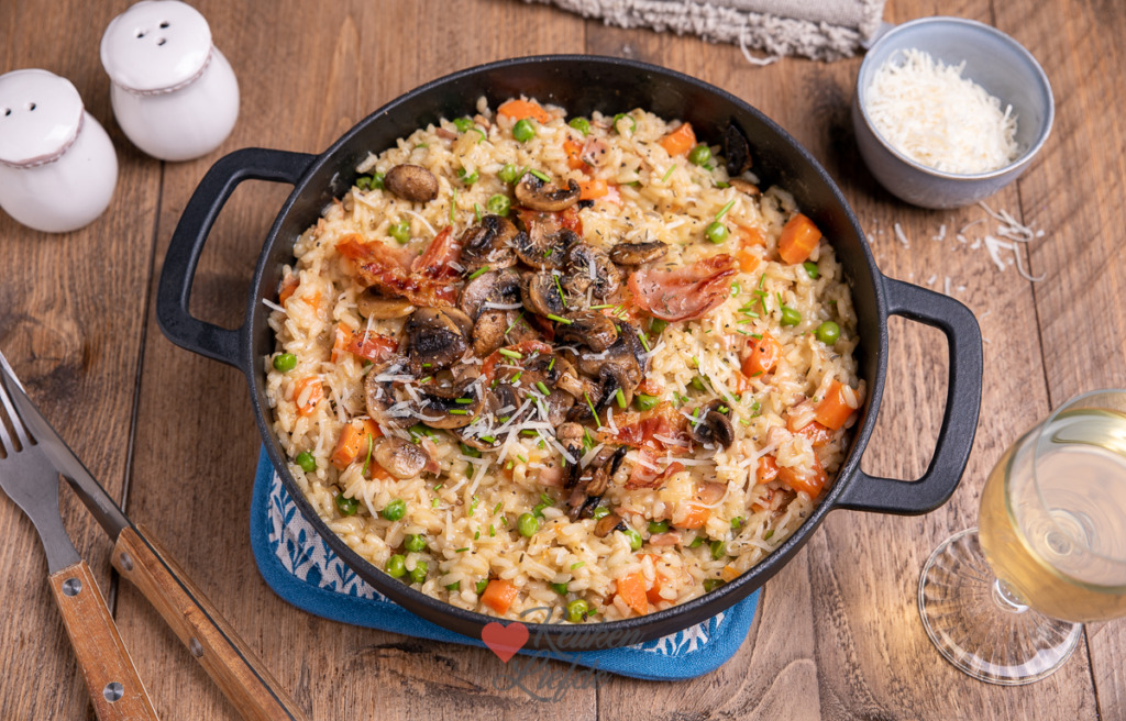 Risotto met wortel, champignons en krokante bacon