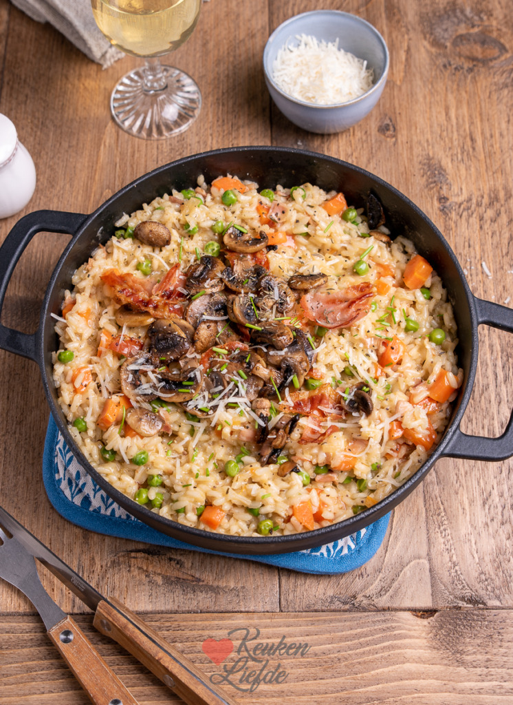 Risotto met wortel, champignons en krokante bacon Risotto met wortel, champignons en krokante bacon