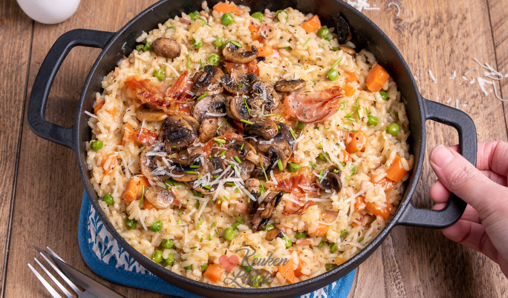 Risotto met wortel, champignons en krokante bacon Risotto met wortel, champignons en krokante bacon