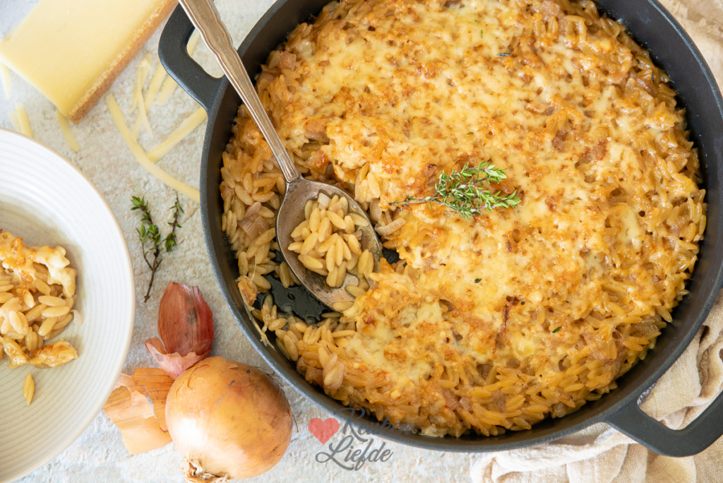 Orzo gratin Franse uiensoep Orzo gratin Franse uiensoep