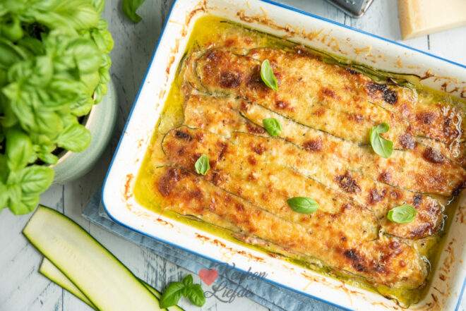 Courgette lasagne met ham en mozzarella