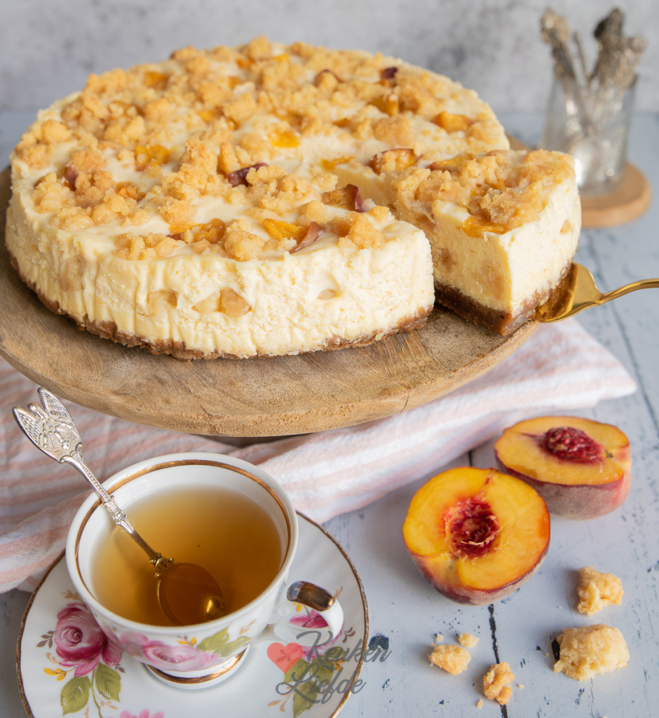 Perzik cheesecake met cookie dough kruimels