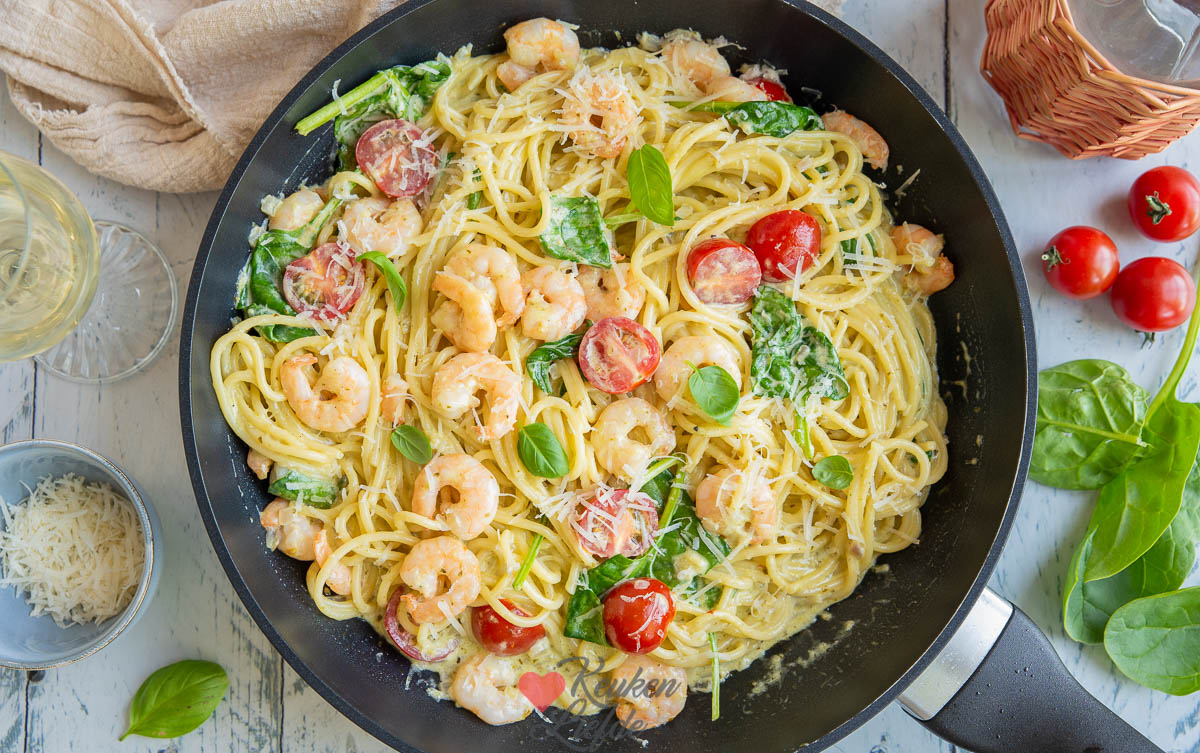 Pasta pesto met garnalen
