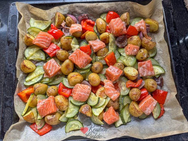 Leg de zalm erop en bak nog 8 minuten