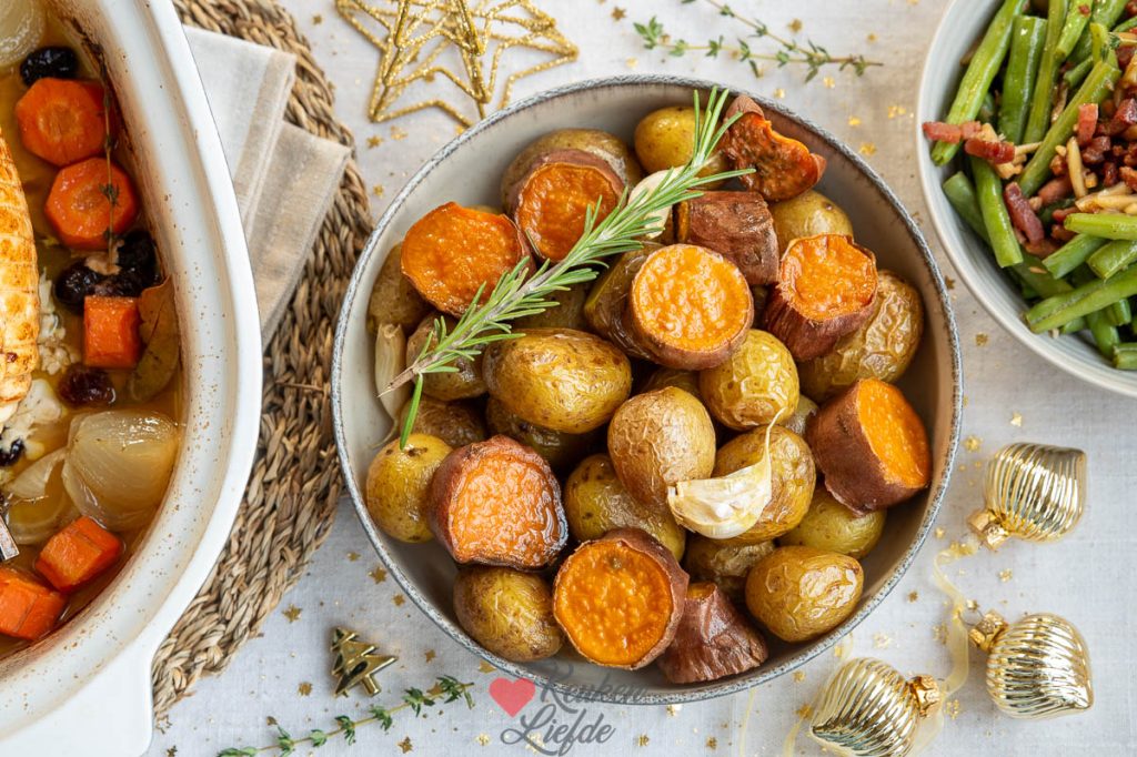Geroosterde krieltjes en zoete aardappel uit de oven